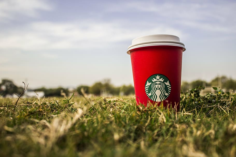 rojo, blanco, taza de Starbucks, verde, hierba, Starbucks, Navidad, césped, café, cielo