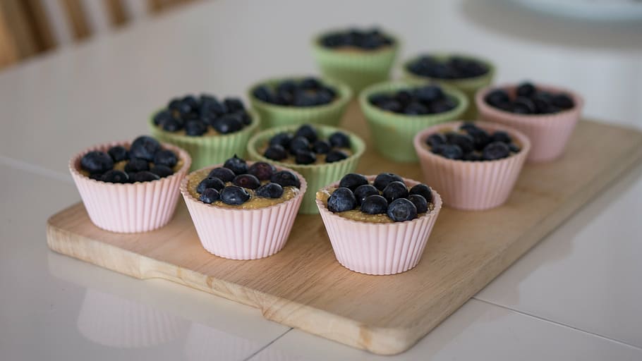 cupcake blueberry, nampan, kayu, memotong, papan, cupcakes, muffin, panggang, blueberry, memetik