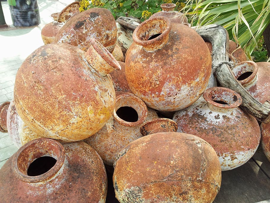 jugs, decor, rust, spain, decoration, rusty, day, close-up, high angle view, deterioration