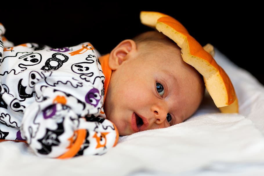 baby, lying, white, bed, adorable, autumn, boy, child, costume, cute