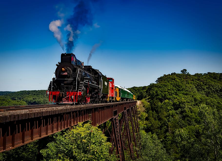 black, white, steam train, brown, metal bridge, taken, daytime, train, locomotive, travel