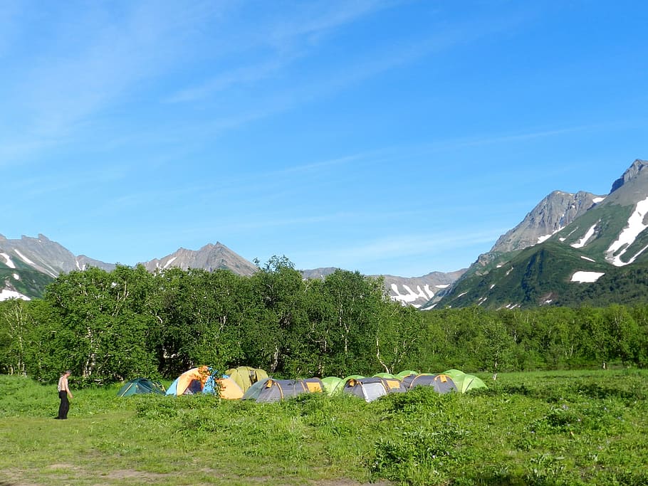 mountains, forest, lake, tourist camp, tents, summer, snow, sneznik, landscape, nature