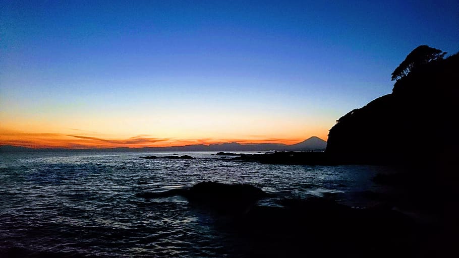 fuji, blue moment, ocean, sunrise, sunset, horizon, nature, the edge of the surf, foreshore, seascape
