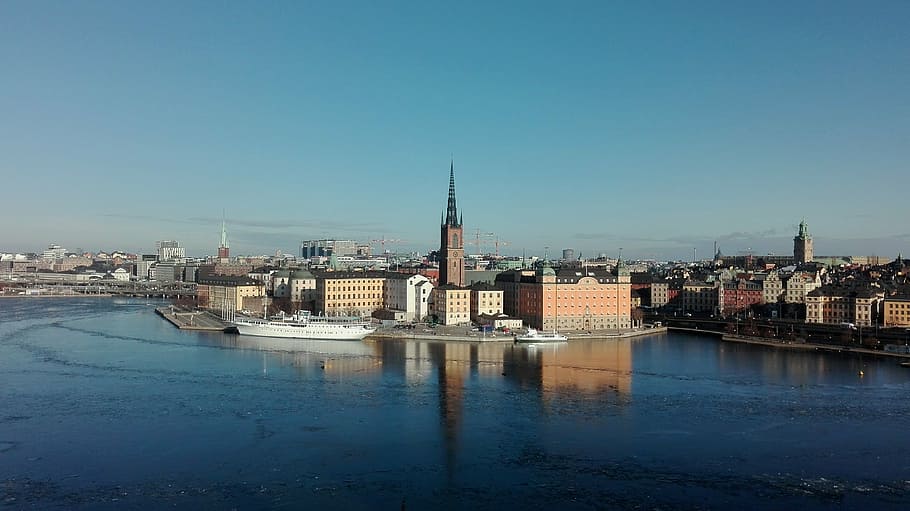 bertingkat tinggi, bangunan, tubuh, air, siang hari, stockholm, swedia, kota, skandinavia, laut