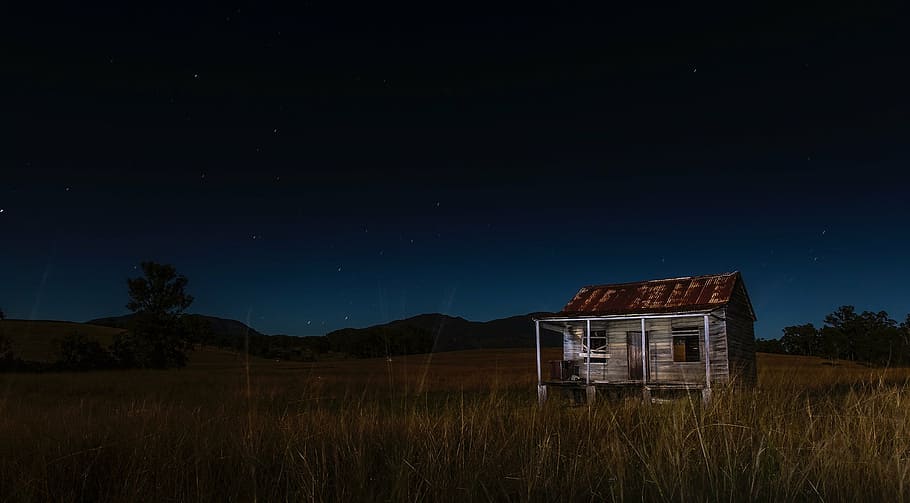 long, exposure photograph, house, grass field, night, evening, cabin, shack, home, abandoned