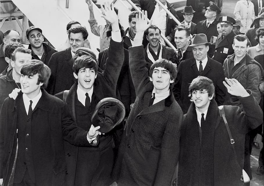 superficial, foto de enfoque, grupo, hombres, los beatles, john lennon, paul mccartney, george harrison, ringo starr, 7 de febrero de 1964