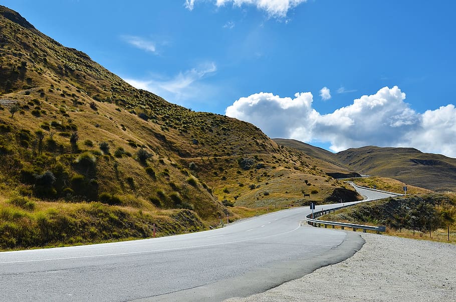 gris, carretera de asfalto, al lado, colina de montaña, d, paisaje, carretera, nube, el paisaje, montaña