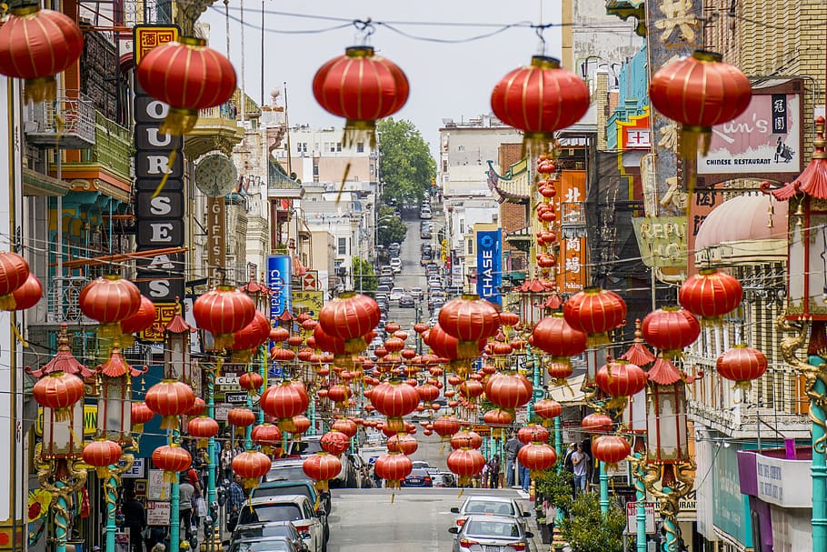 chinatown, lanterns, chinese, lantern, china, red, decoration, asian, festival, asia
