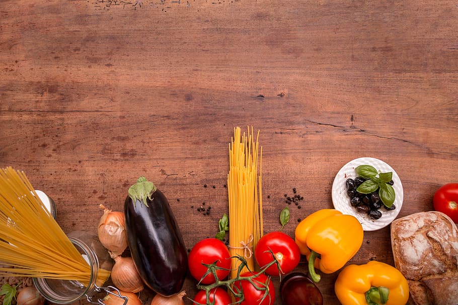 vegetables, pasta, brown, surface, Tomato, Bell Pepper, Eggplant, Onion, eat, italian cuisine