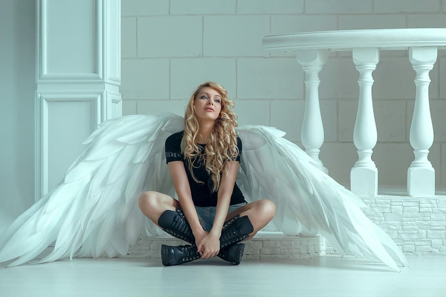 woman, sitting, floor, white, wings, back, room, within, sit, photoshoot