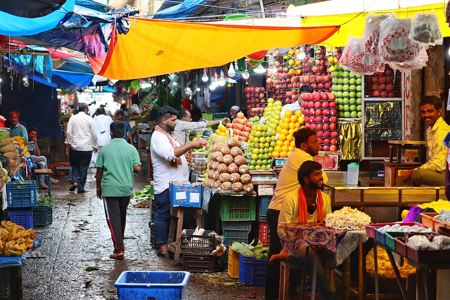 india, bazaar, pasar, buah, men, eceran, dijual, pilihan, sekelompok orang, kios pasar