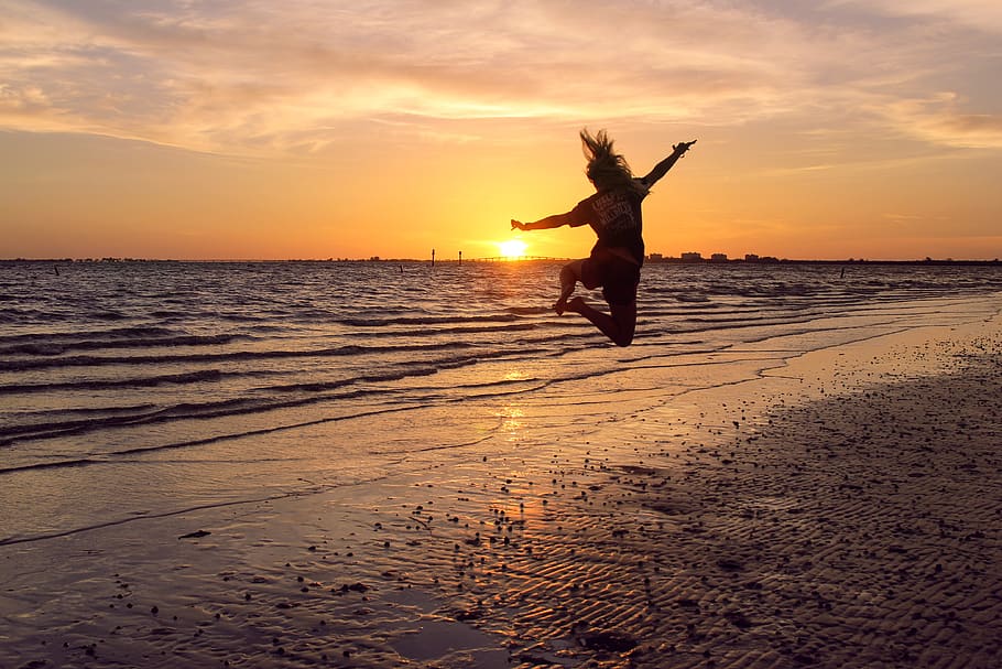 beach, jump, silhouette, jumping, water, ocean, summer, girl, sunset, sky