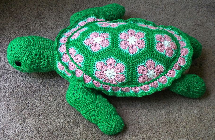 knitted, green, pink, turtle toy, floor, crocheted sea turtle, sea turtle, crochet, craft, yarn