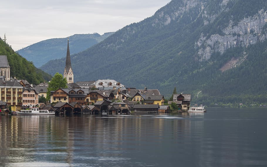 hallstatt, lake, austria, church, alps, village, water, alpine, architecture, panorama