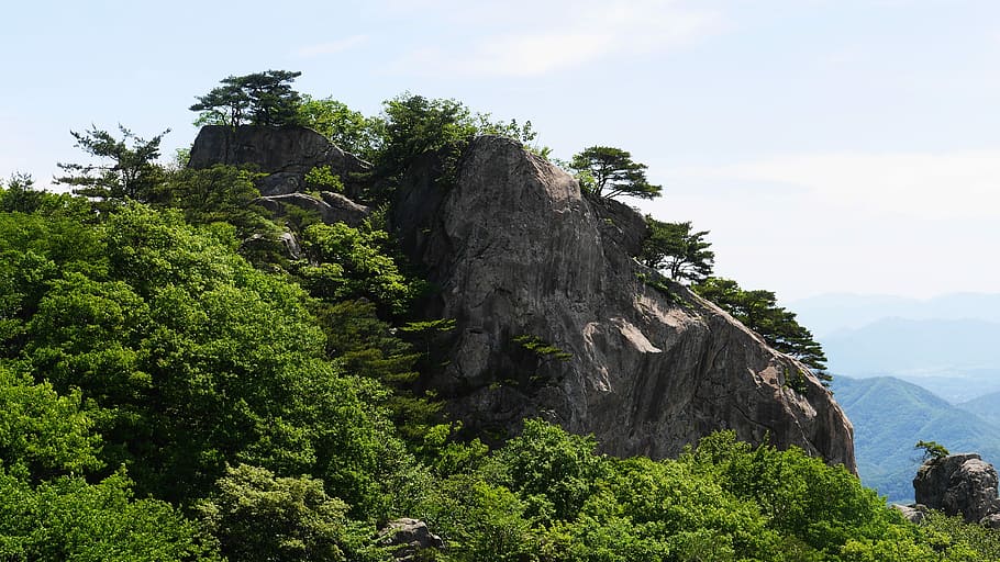 brown, rock formation, surrounded, trees, daedunsan, wanju-gun, jeollabuk do, daedunsan cable car, this type, mountain