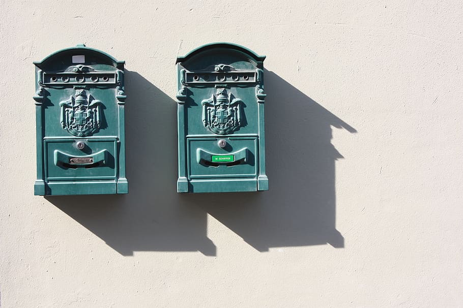 two, teal cabinet hand, walkl, mail, letterbox, green, wall, shadow, wall - building feature, sunlight