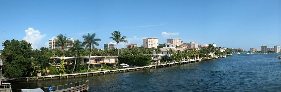 panorama, pandangan, bagian, pusat kota boca raton, pemandangan Panoramic, Intracoastal Waterway, pusat kota, Boca Raton, Florida, foto
