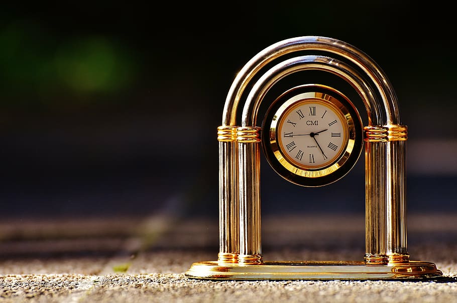 reloj, reloj de abuelo, decorativo, puntero, hora, reloj de mesa, dorado, hora de, números romanos, anticuado
