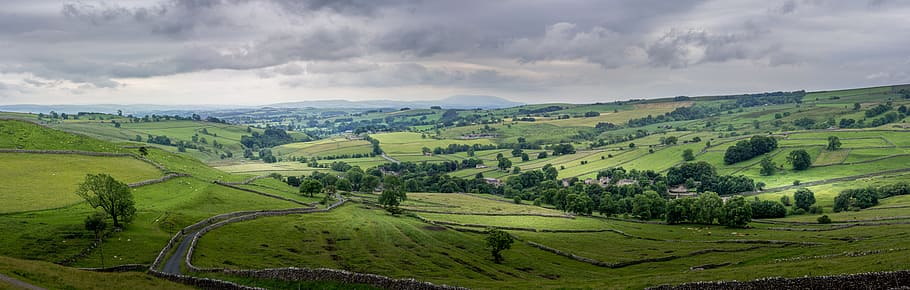 green grass field, malham, yorkshire, landscape, yorkshire dales, dry stone wall, sky, moody, horizon, distance