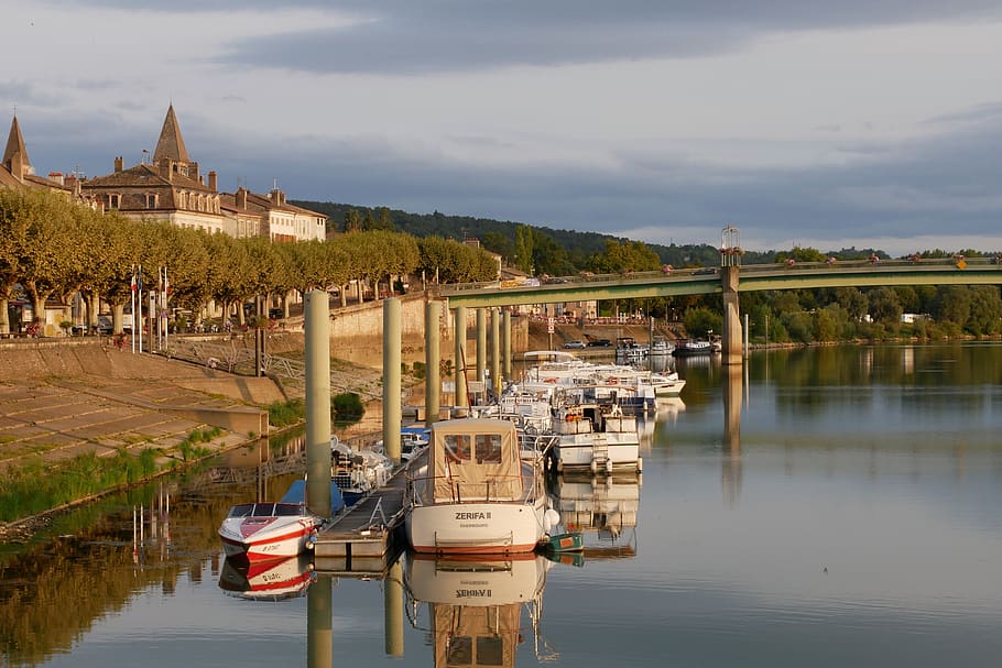 Tournus, Saona, Francia, río, ciudad, mañana, puente, barco, agua, estructura construida