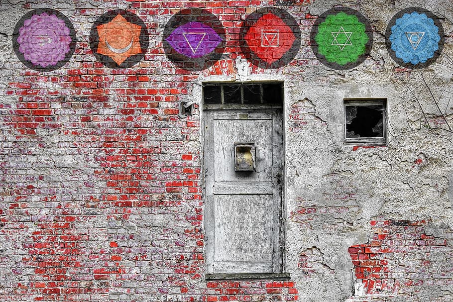 gray, metal door, red, wall bricks, daytime, mandala, chakra, brick, wall, door