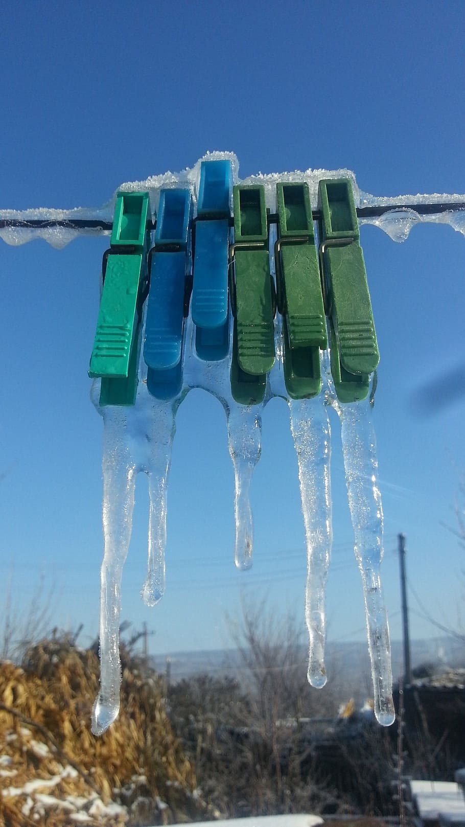 winter, ice, icicles, cold temperature, snow, nature, blue, frozen, hanging, clothesline