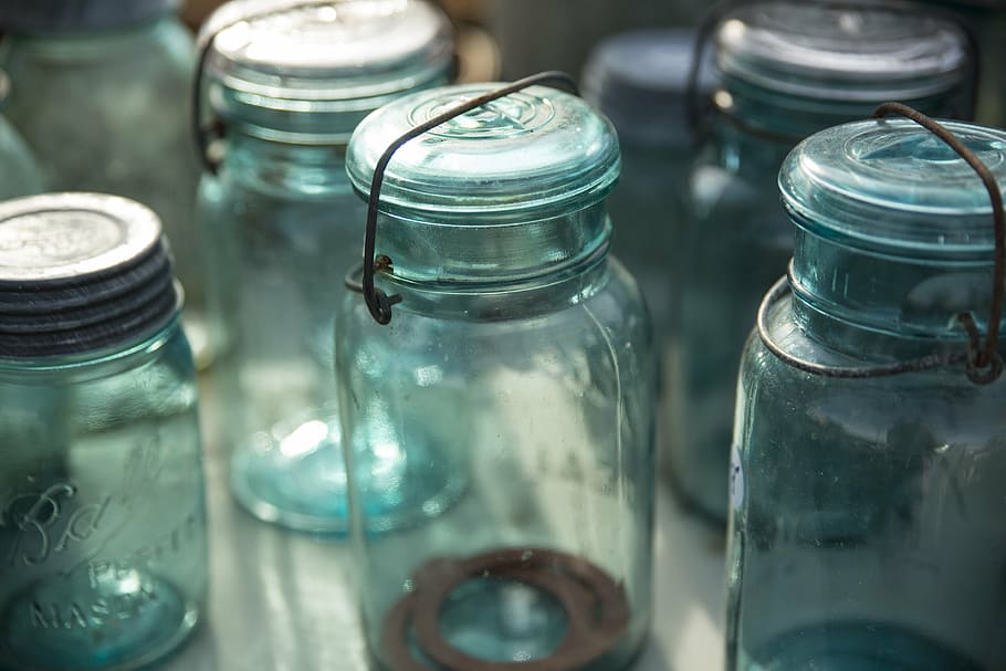 several glass jars, clear, glass, jars, bottles, jar, bottle, laboratory, variation, science