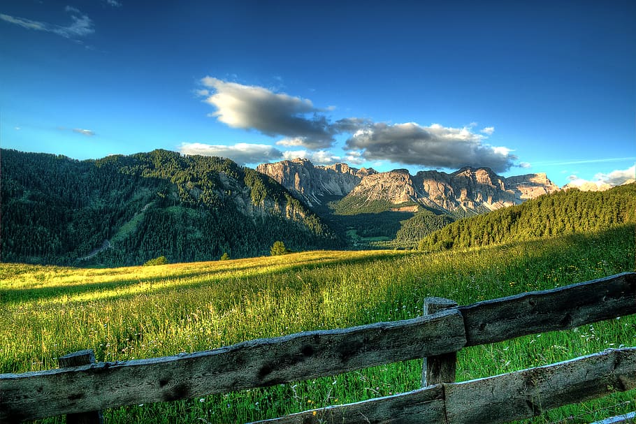 summer, meadow, landscape, mountains, dolomites, sky, hd wallpaper, desktop wallpaper, sunshine, clouds