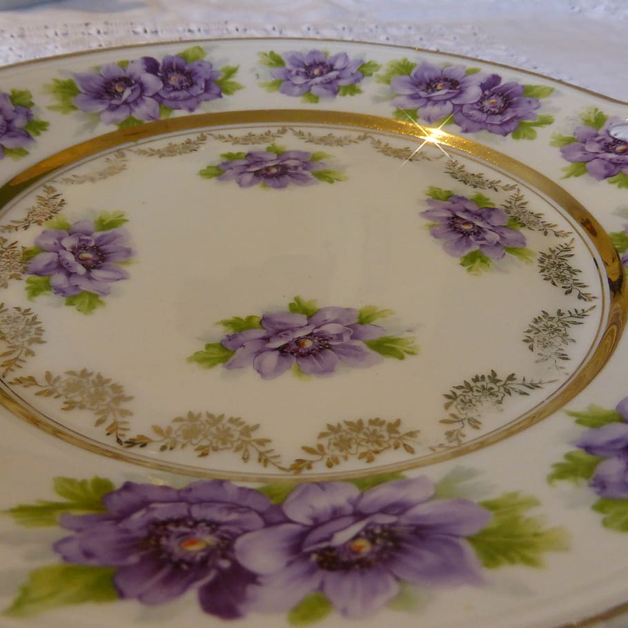 plate, porcelain, old plate, ditzy, violet, tableware, gold edge, flower, decoration, flowering plant