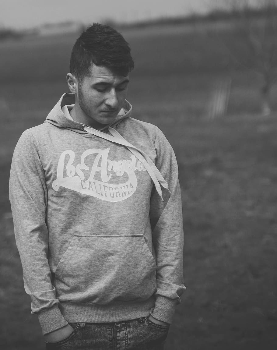 boy, portrait, black and white, camp, seriously, seriousness, standing, one person, focus on foreground, casual clothing