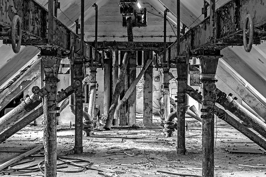 attic, old, truss, building, roof truss, still life, black and white recording, decay, ailing, historically