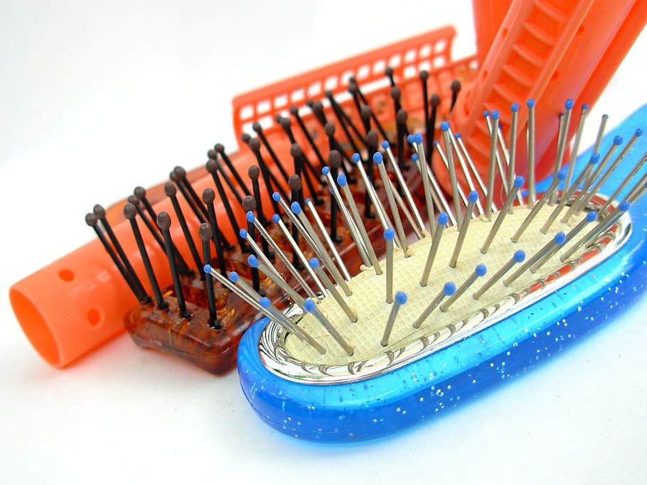 close-up photo, blue, brown, hair brushes, hairbrush, brush, comb, hair, hair comb, objects