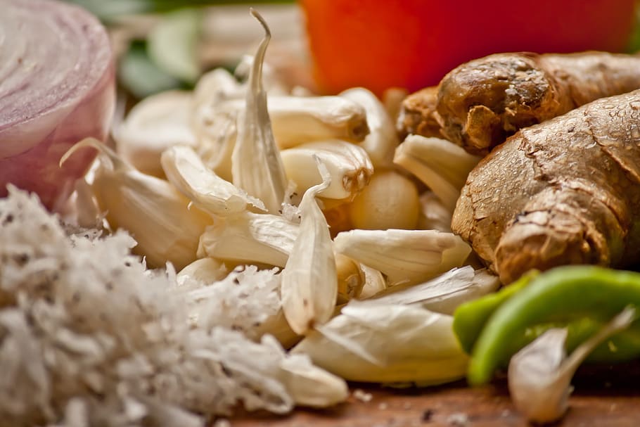 garlic, ginger, herbs, cooking, ingredients, fresh, healthy, spices, food, food and drink