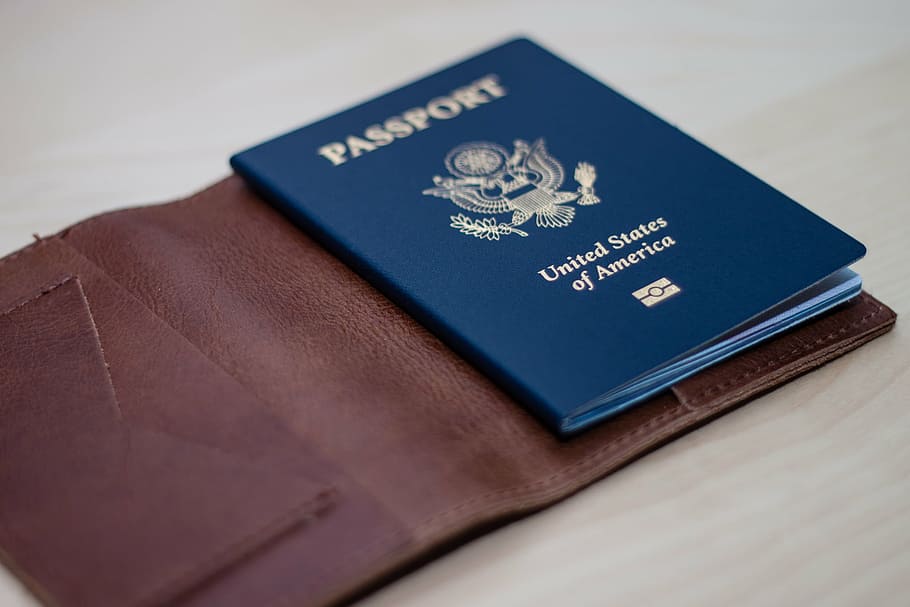 foto de primer plano, pasaporte, estados unidos, libro de américa, américa, marrón, cuero, estuche, viaje, foto de estudio