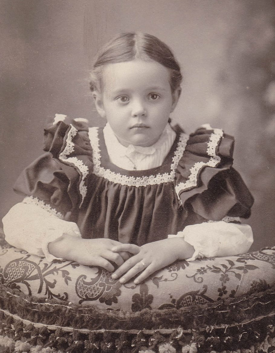 grayscale photo, girl, wearing, dress, little girl, vintage, kid, female, retro, late nineteenth century