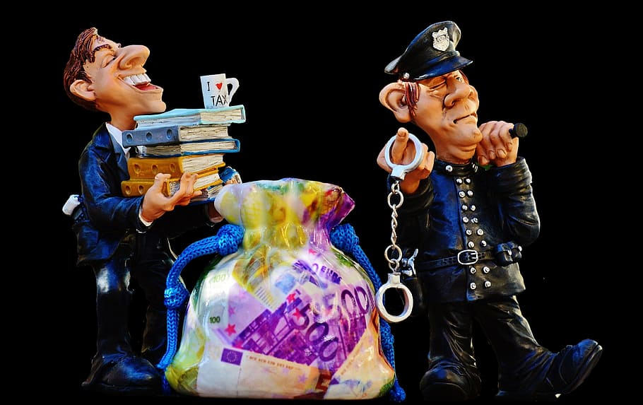 ilustración del hombre de la policía, impuestos, evasión de impuestos, policía, esposas, estafa, asesor fiscal, finanzas, dinero, declaración de impuestos