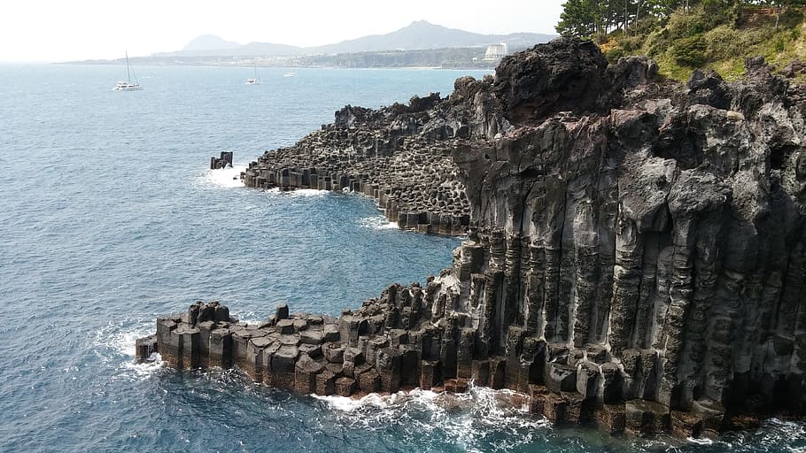 cliffs, sea, side, nature, roche, volcanic, jusangjeolli, water, rock, beauty in nature