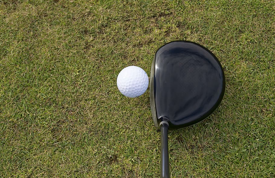 white, golf ball, black, driver, golf, ball, golf club, grass, sport, golfing