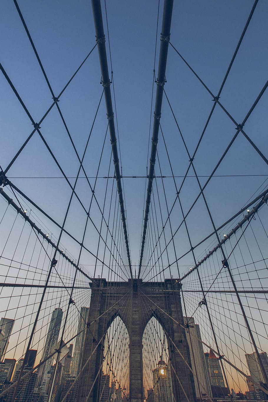 fotografia de paisagem, cinza, concreto, ponte, ponte de brooklyn, cabos, pilão, nova york, cidade, marco
