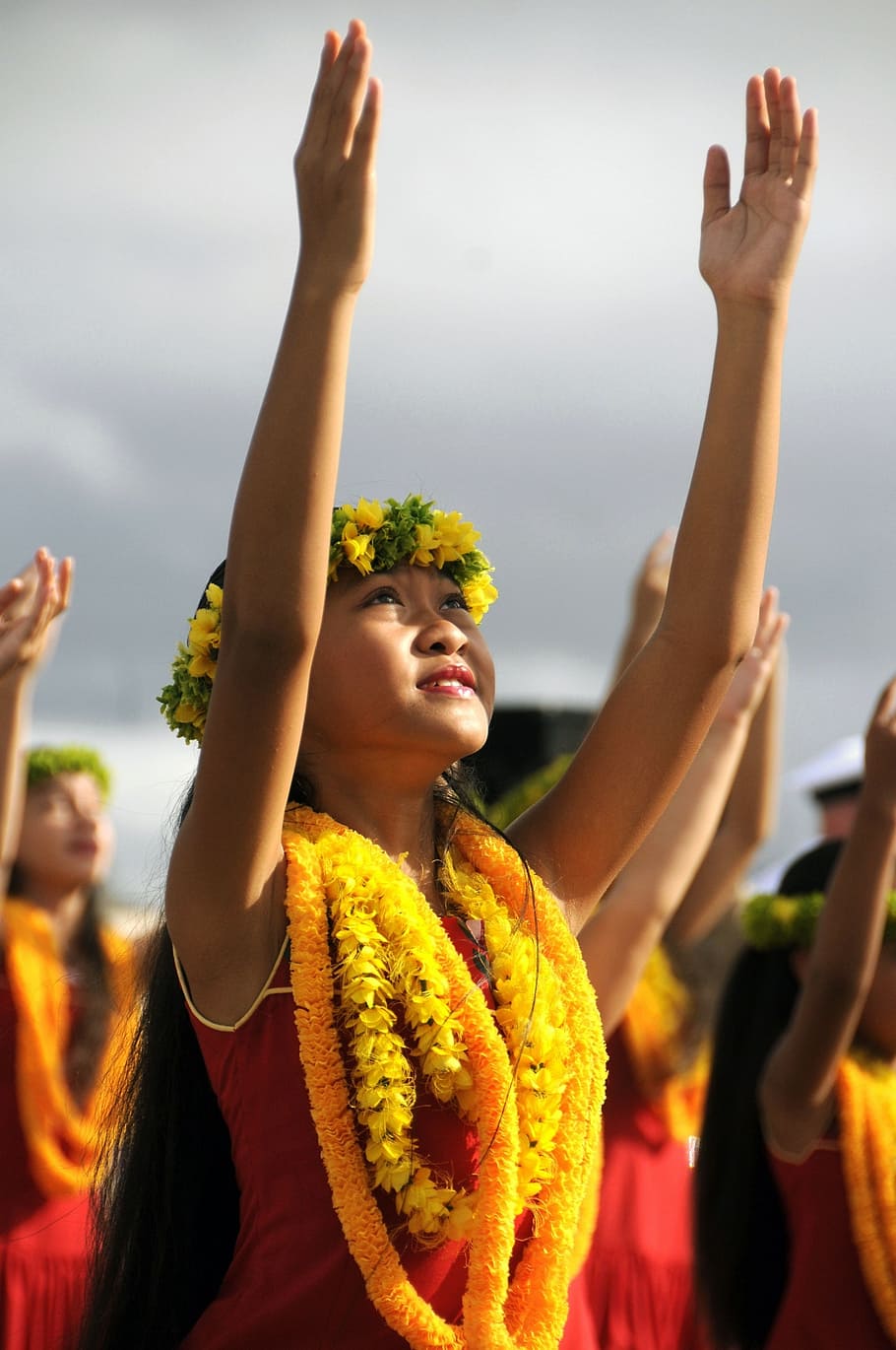 girl, red, sleeveless, top, raising, hand, hawaii, dance, female, hula