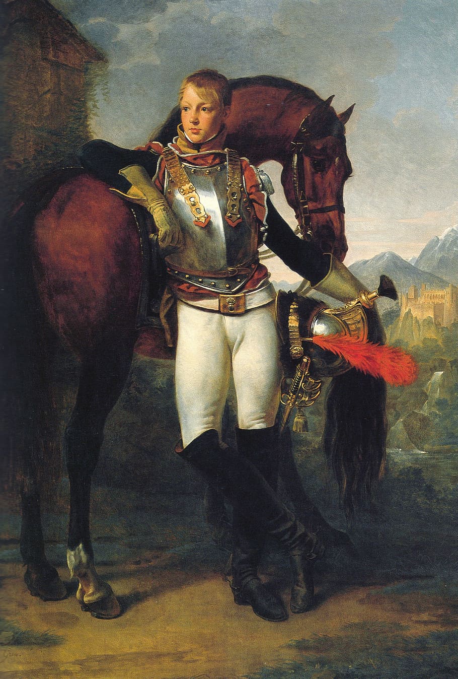 cavaleiro, em pé, ao lado, pintura a cavalo, pintura a óleo, arte, artística, retrato, homem, soldado