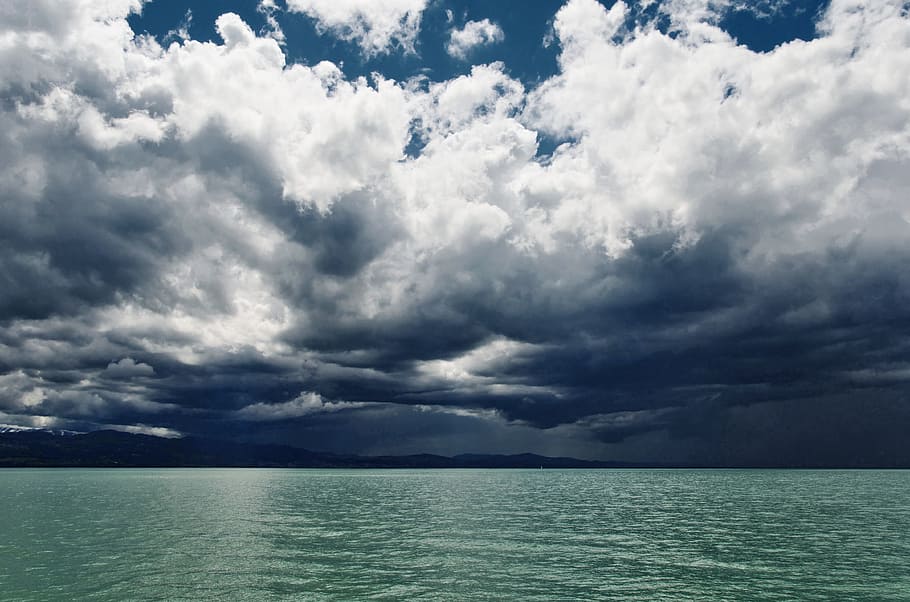 clamp, body, water, blue, white, sky, lake constance, thunderstorm, stormy sky, weather fall