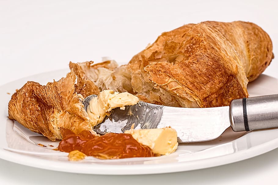 sliced, brown, bread, plate, croissant, pastry, jam, butter, preserve, spread