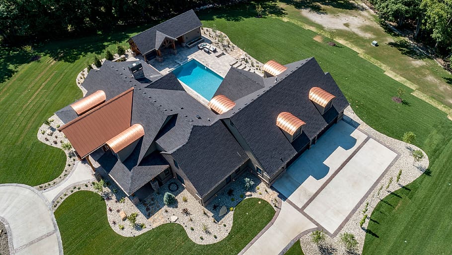 real estate, drone, exterior, mansion, grass, high angle view, aerial view, nature, field, plant