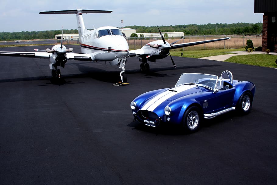 blue, white, convertible, airliner, road, shelby cobra, private plane, air strip, classic car, racing