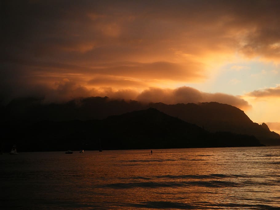 kauai, hawaii, beach, water, sky, mountain, cloud - sky, sunset, tranquility, beauty in nature