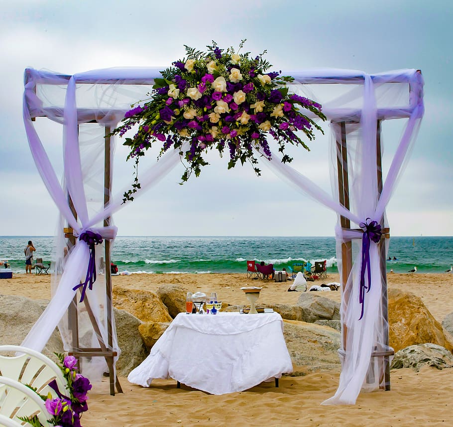 wedding, beach, decor, ocean, purple, flowers love, marriage, tiers, decoration, sea