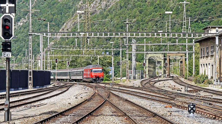 red, train, railroad, station entrance, brig west, sbb, bls, rhônebrücken, branch, yield