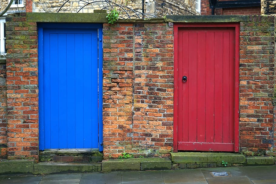 blue, red, wooden, doors, entrance, home, house, wall, doorway, old