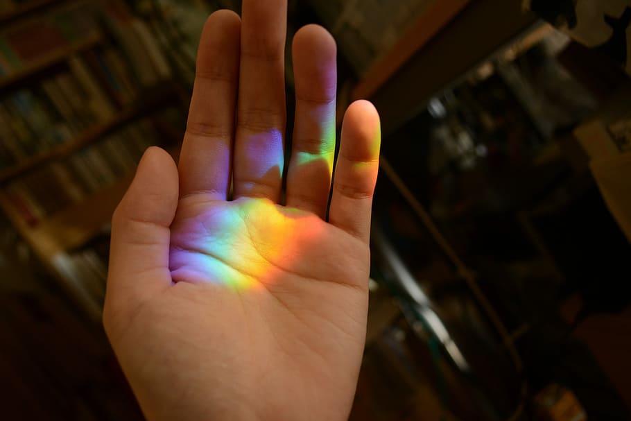 rainbow light, left, person palm, rainbow, hand, beautiful, flesh color, palm, collect, hobby